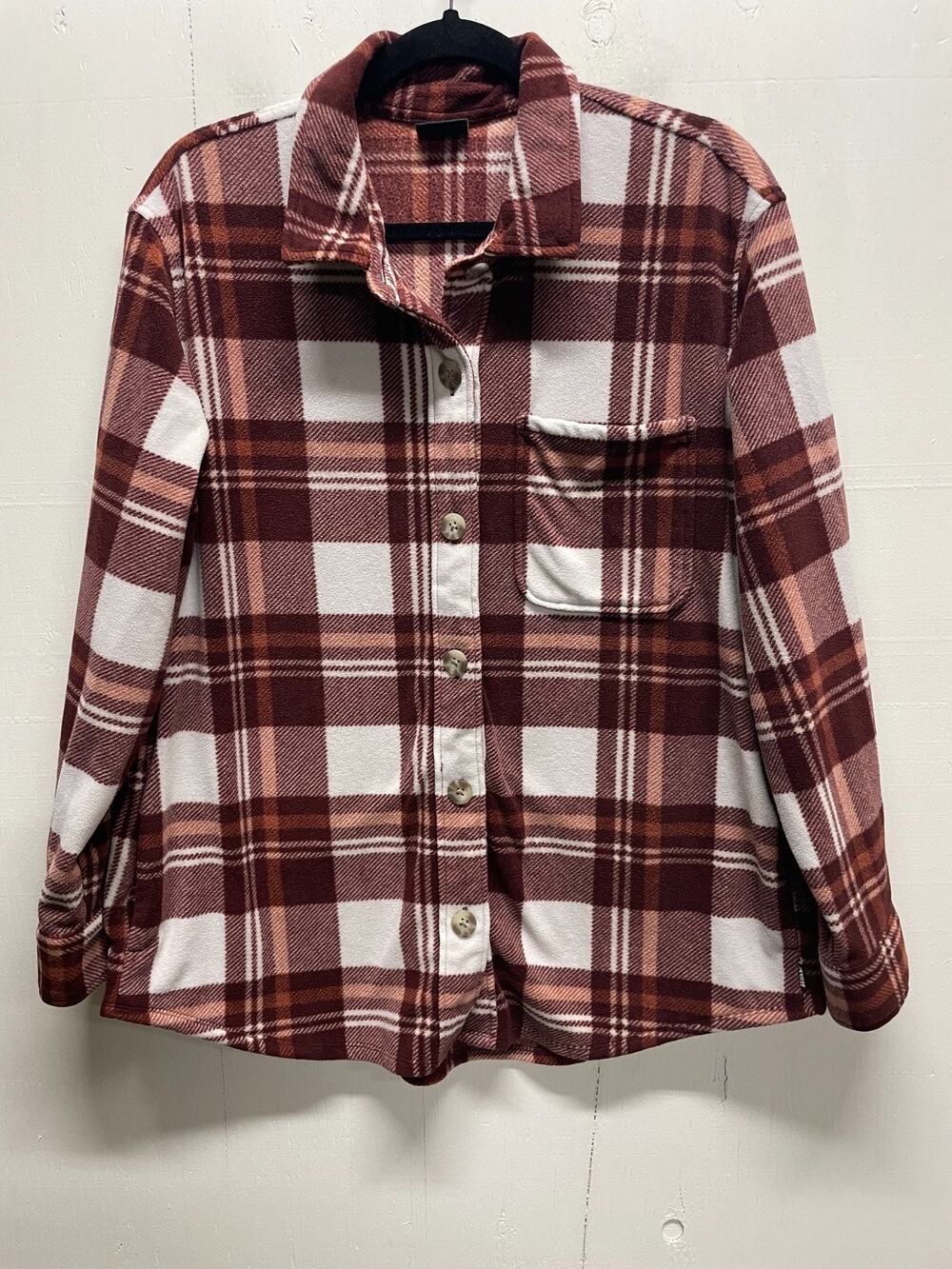 Eddie Bauer Womens Microfleece Button-Up Shirt Size Large Shacket Burgundy White